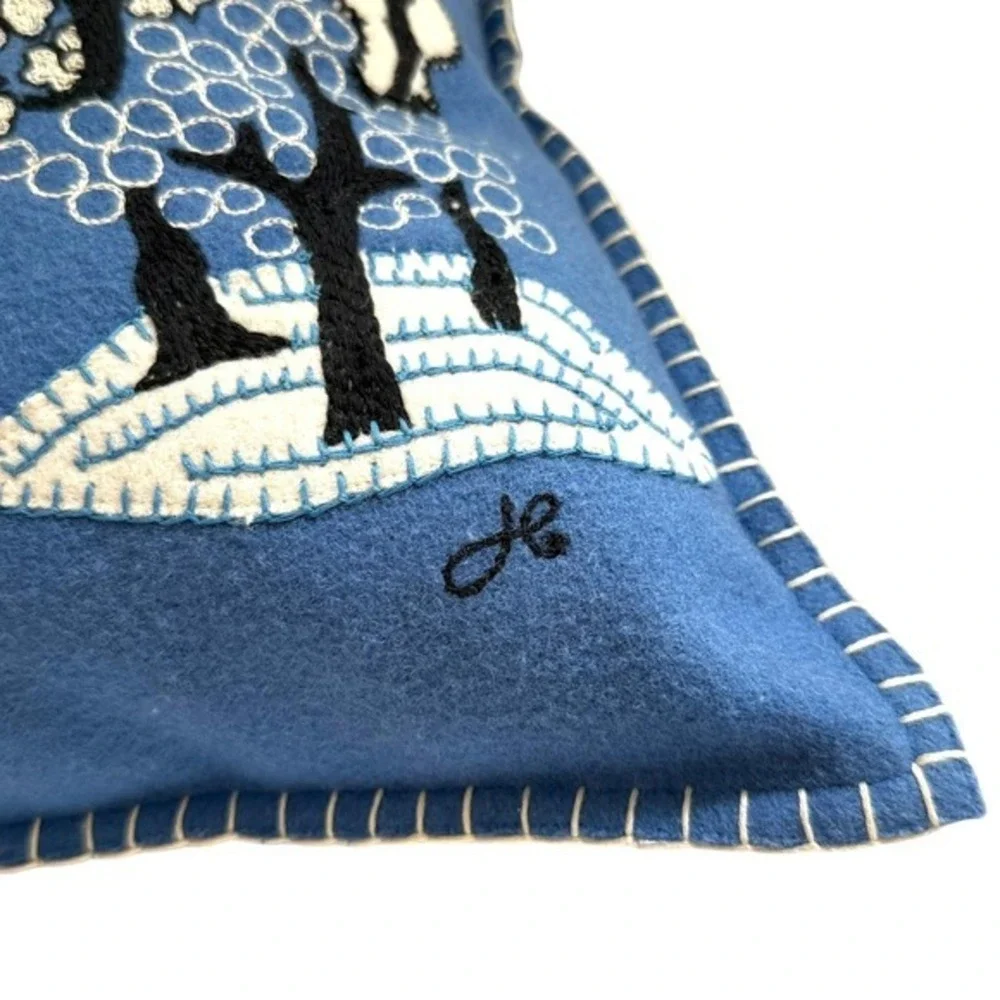NWT Jan Constantine England Pillow Blue Felted Wool Embroidered Pagoda Trees